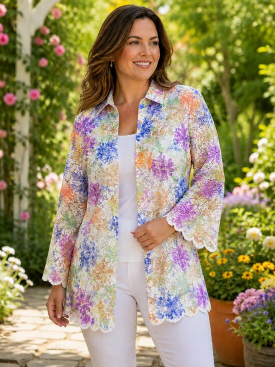 Alfred Dunner Tops - ALFRED DUNNER NWOT Long Slve Collared Open Cardigan White Lace w/Florals Tunic L